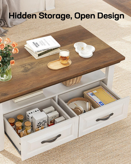 Marsail Farmhouse Coffee Table with Storage, 39.4" Wood Coffee Table for Living Room, Rustic Center Table with 2 Drawers, Open Display Area, Brown&White Marsail