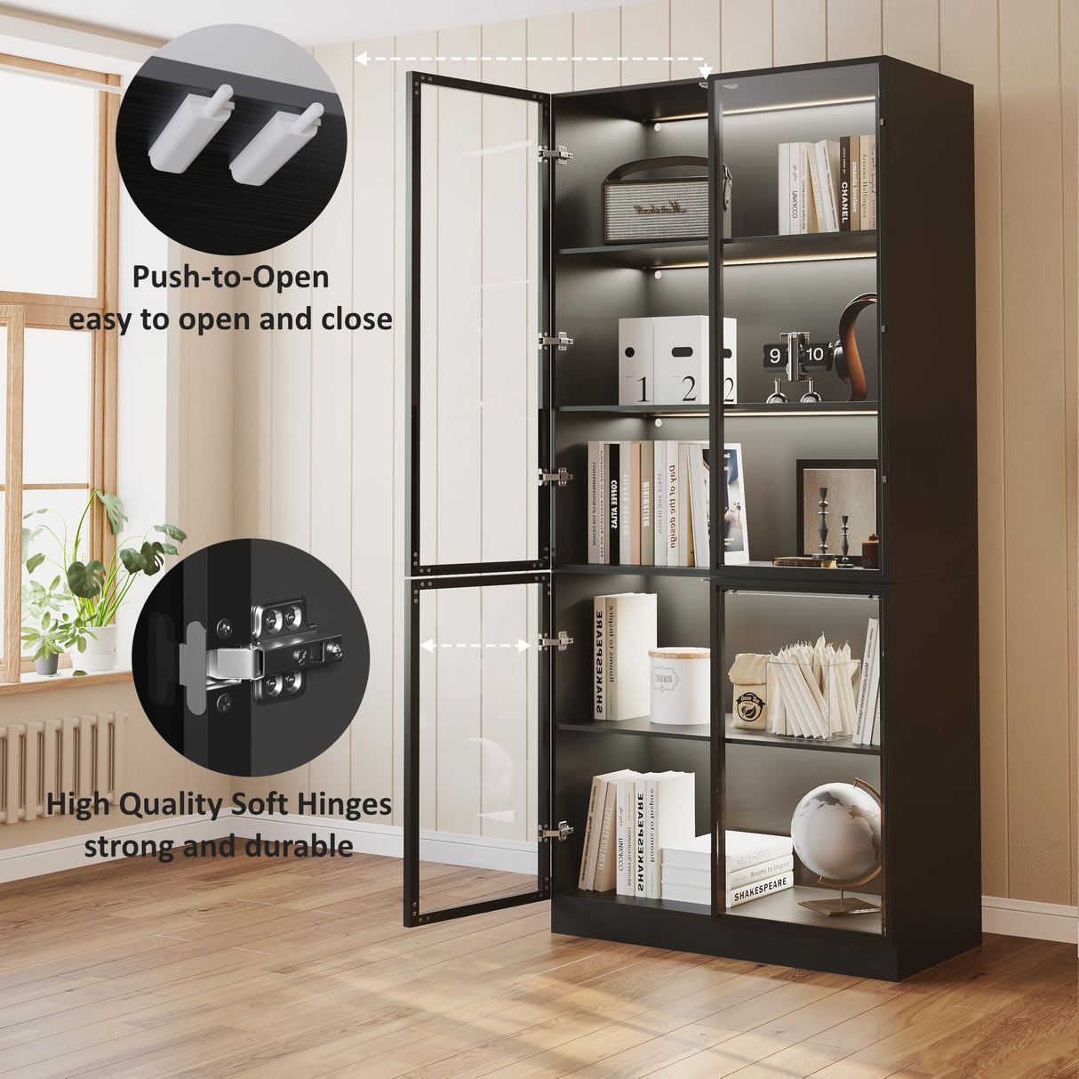 Jartoil Display Cabinet with Glass Doors & Lights, 5-Tier LED Storage Curio Cabinet, Trophy Display, Lighted Display Bookcase for Home Office, Black Jartoil