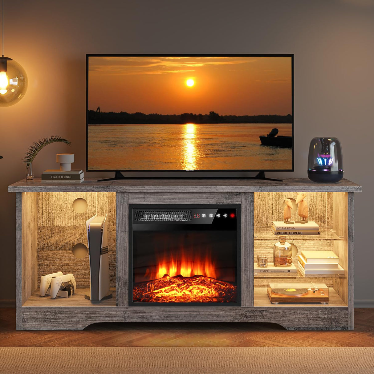 VITESSE 58 Inches Fireplace TV Stand for TVs up to 65 Inches Console with 18'' Electric Fireplace & Remote,Wooden Modern Entertainment Center for Living Room with LED Light Glass Shelves（Gray） VITESSE