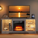 VITESSE 58 Inches Fireplace TV Stand for TVs up to 65 Inches Console with 18'' Electric Fireplace & Remote,Wooden Modern Entertainment Center for Living Room with LED Light Glass Shelves（Gray） VITESSE