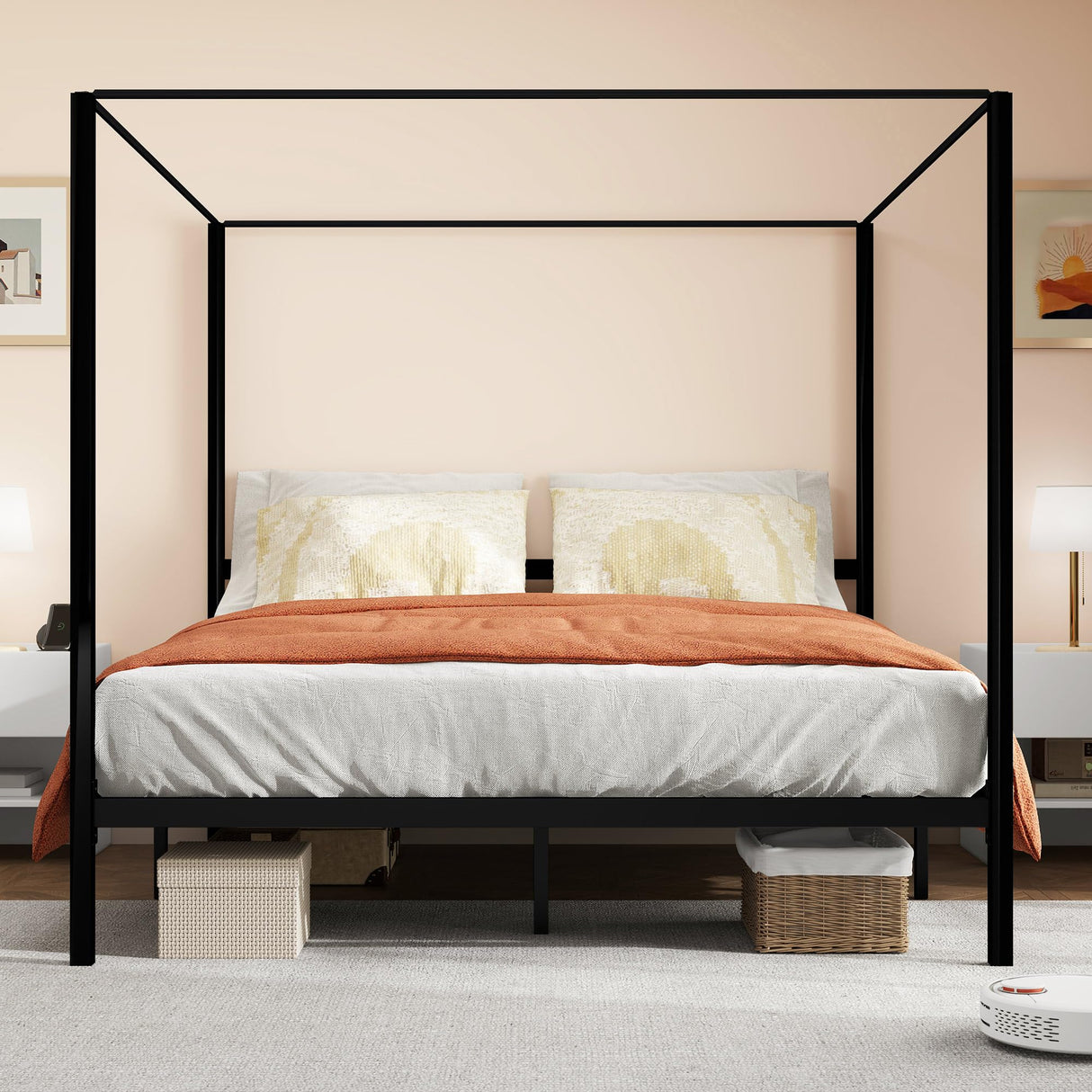 DWVO Canopy Bed Frame King, Four Poster Bed with Built-in Headboard, 14 Inch Platform Bed with Metal Slat, Noise Free, No Box Spring Needed, Black DWVO