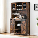 IDEALHOUSE Farmhouse Coffee Bar Cabinet with Sliding Barn Door, 72" Tall Buffet Cabinet with Storage Shelves, Liquor Cabinet with Wine and Glasses Rack,Sideboard Cupboard for Kitchen,Dining Room,Brown IDEALHOUSE