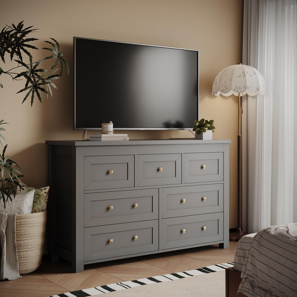 7 Drawer Dresser for Bedroom, Farmhouse Wood Chest of Drawers, Wide TV Stand Closet Storage Furniture with Metal Handle, Modern Wooden Clothes Organizer for Hallway, Living Room, Entryway, Black Xixini