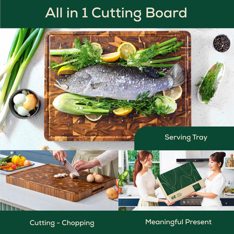 EZ FURNITURE 17 x 13 Inch Acacia Wood Cutting Board, End Grain with Juice Groove and Handles, Knife Friendly, Reversible, Suitable for Chopping Meat, Vegetables, Aesthetics for The Kitchen EZ FURNITURE