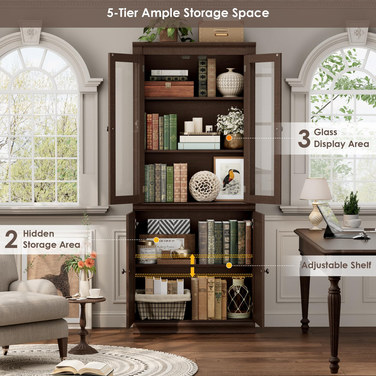 FACBOTALL 71.3'' Tall Bookcase with Glass Doors, Farmhouse Book Shelf with Adjustable Shelf, Tall Bookshelf with Storage, Bookshelves and Bookcases with 5 Tier Display Storage for Living Room, Brown FACBOTALL