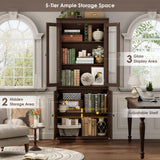 FACBOTALL 71.3'' Tall Bookcase with Glass Doors, Farmhouse Book Shelf with Adjustable Shelf, Tall Bookshelf with Storage, Bookshelves and Bookcases with 5 Tier Display Storage for Living Room, Brown FACBOTALL