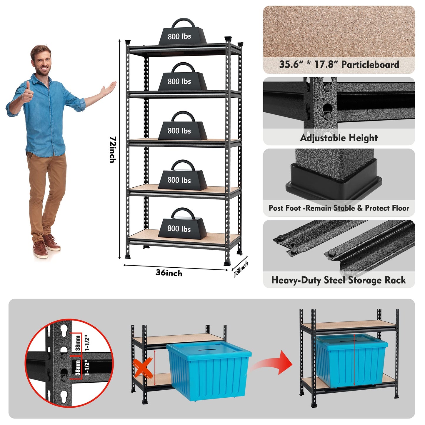 WORKPRO 5-Tier Metal Shelving Unit, 48”W x 24”D x 72”H, Heavy Duty Adjustable Storage Rack, 4000 lbs Load Capacity (Total), for Garage, Basement, Warehouse, Workshop - WoodArtSupply