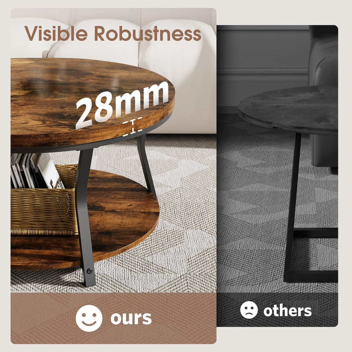 Round Coffee Tables for Living Room, Circle Wood Coffee Table, 2 Tier Industrial Modern Center Table with Thickened Tabletop and Metal Frame, 31.5 inch (Rustic Brown) AntsandAnts