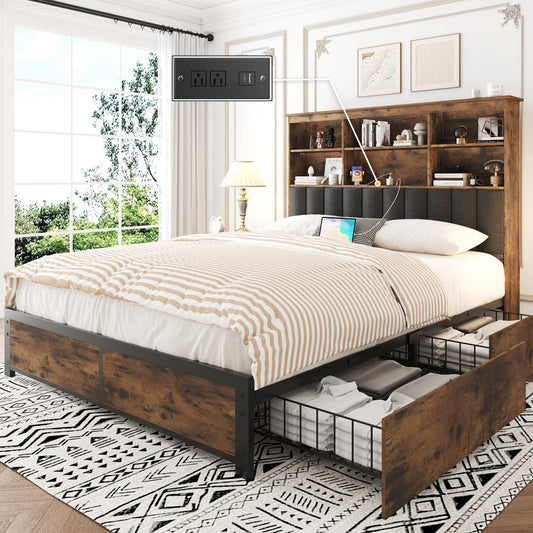 Lifezone Vintage Brown Queen Bed Frame with Storage Headboard and Charging Station - WoodArtSupply