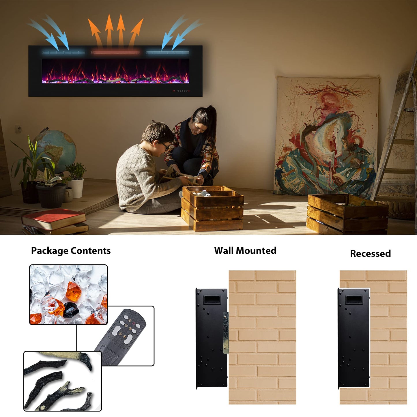 Oxhark Flame 72inch Electric Fireplace in Wall Recessed and Wall Mounted Fireplace Electric, 13 Flame Colors, Realistic Logs &Crystals Fuel Bed, Adjustable Temperature and Timer, 750W/1500W, Black