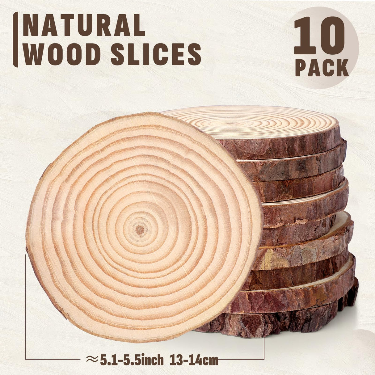 FUMILE Unfinished Natural Wood Slices 5.1-5.5 Inch, 10 PCS Round Wooden Discs with Tree Bark, Wood Slices for Centerpieces for Handmade Crafts, Wood Circles for Rustic Wedding Decoration FUMILE