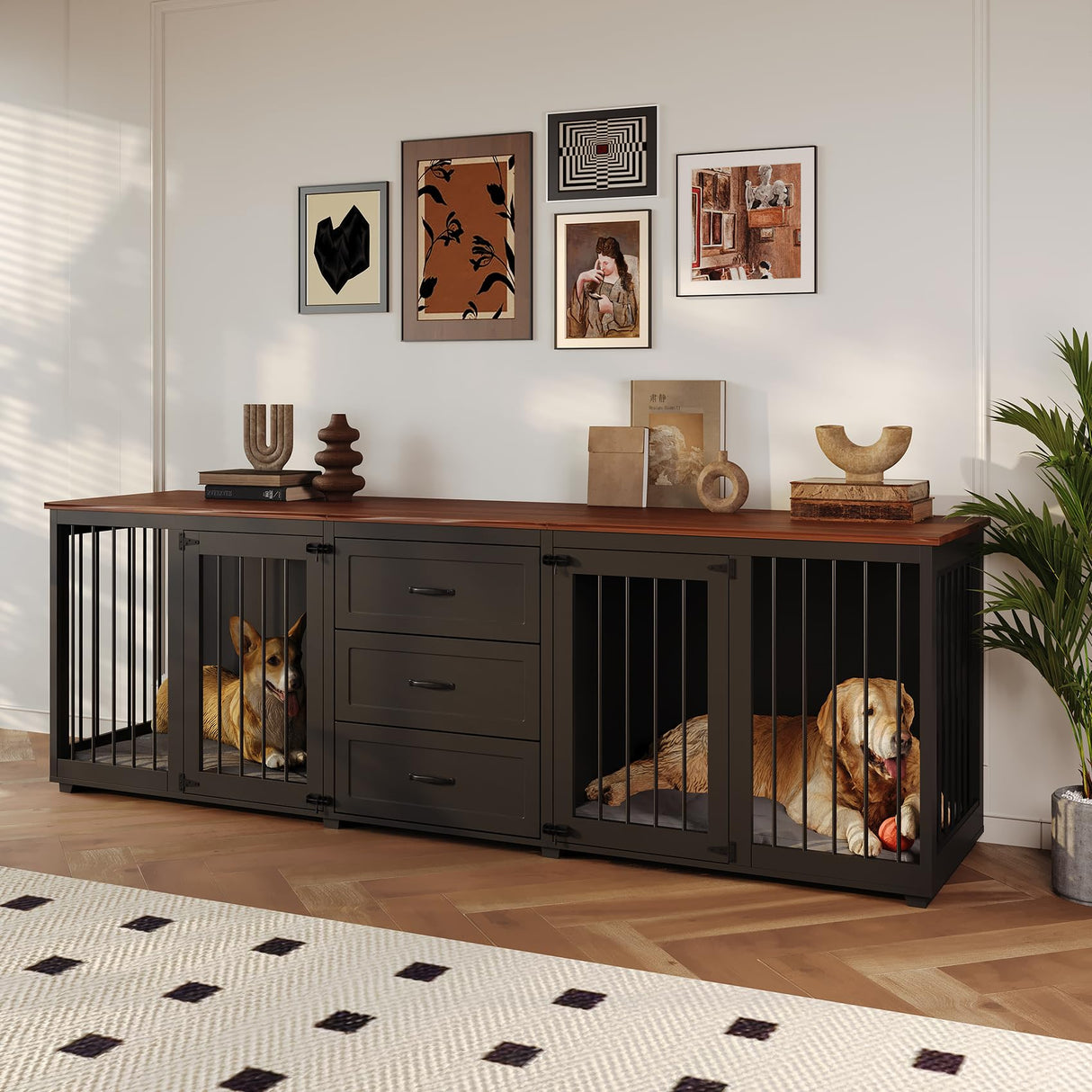 Furniture Style Dog Crate - Farmhouse Wooden Dog Kennel Furniture with 3 Drawer, Double Doors with Locks, 95"x23"x32"H, Black MOWPEX