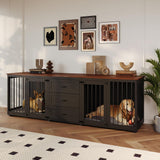 Furniture Style Dog Crate - Farmhouse Wooden Dog Kennel Furniture with 3 Drawer, Double Doors with Locks, 95"x23"x32"H, Black MOWPEX