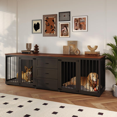 Furniture Style Dog Crate - Farmhouse Wooden Dog Kennel Furniture with 3 Drawer, Double Doors with Locks, 95"x23"x32"H, Black