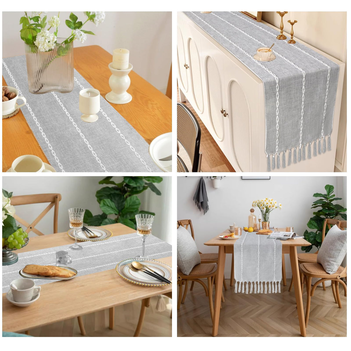 Boho Table Runner, Rustic Farmhouse Cotton and Linen Table Runner with Hand-Tassels, Elegant Kitchen Table Runner for Daily Dining Bedroom Decor and Event Holiday Party Decor 13×72 inches, Grey Vspek