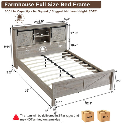 T4TREAM Farmhouse Full Size Bed Frame w/Storage Bookcase Headboard, Sliding Barn Door, Charging Station, Rustic Wood Platform Bed w/Wood Slats Support, No Box Spring Needed, Light Rustic Oak - WoodArtSupply