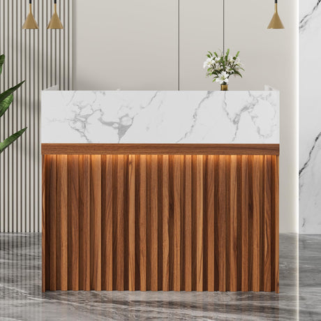 UEV Modern Reception Desk with Counter, 47“ Front Desk Reception Room Table with Cable Grommet, Marble Texture Top Front & Led Lights, Retail Counter for Beauty Salon, Checkout, Home Office UEV