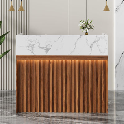 UEV Modern Reception Desk with Counter, 47“ Front Desk Reception Room Table with Cable Grommet, Marble Texture Top Front & Led Lights, Retail Counter for Beauty Salon, Checkout, Home Office