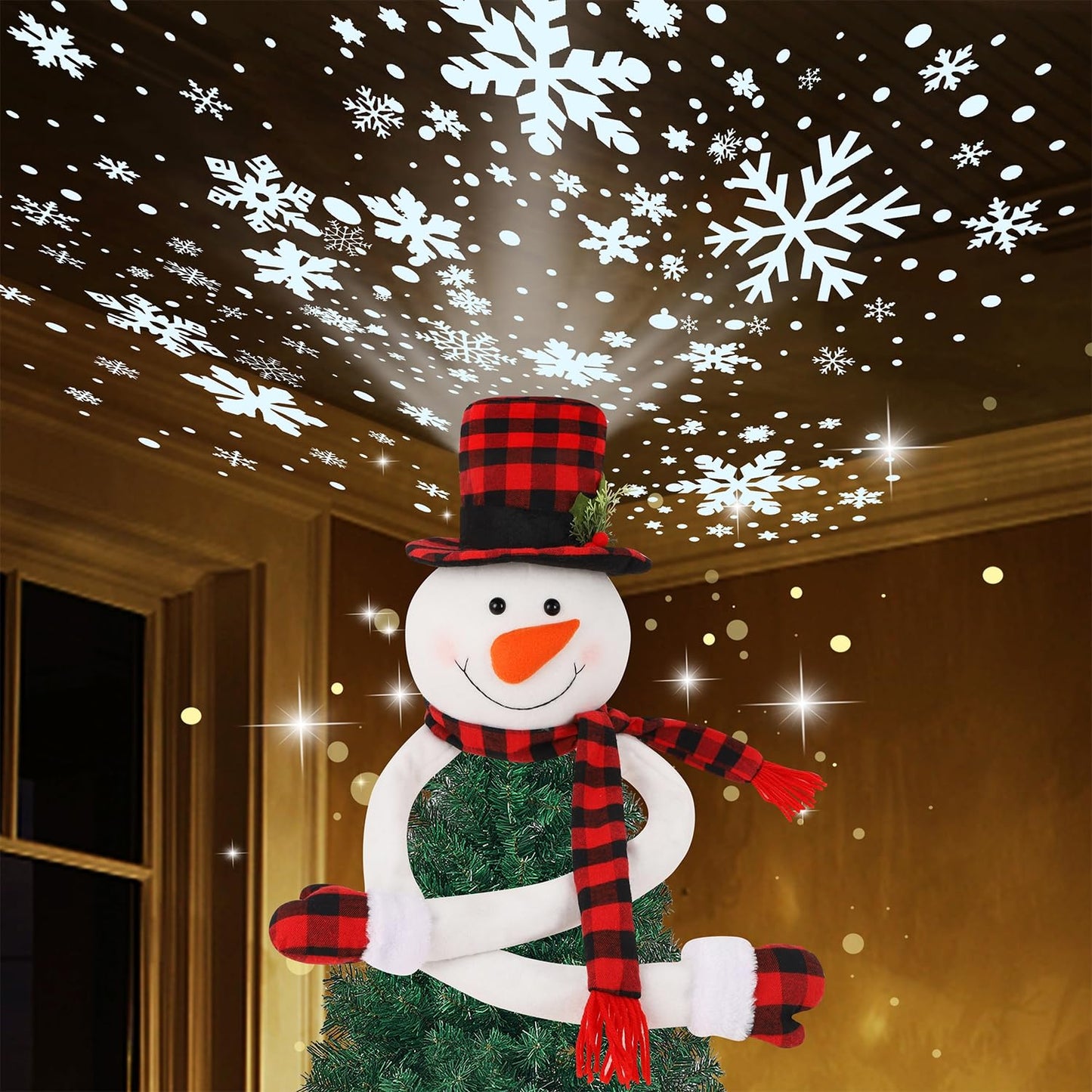 Juegoal Christmas Snowman Tree Topper with Built-in Snowflakes LED Projector, Plush Top Hat Snowmen Treetop Hugger with Rotating Magic Snow, Xmas Tree Ornament Holiday Winter Home Party Decorations