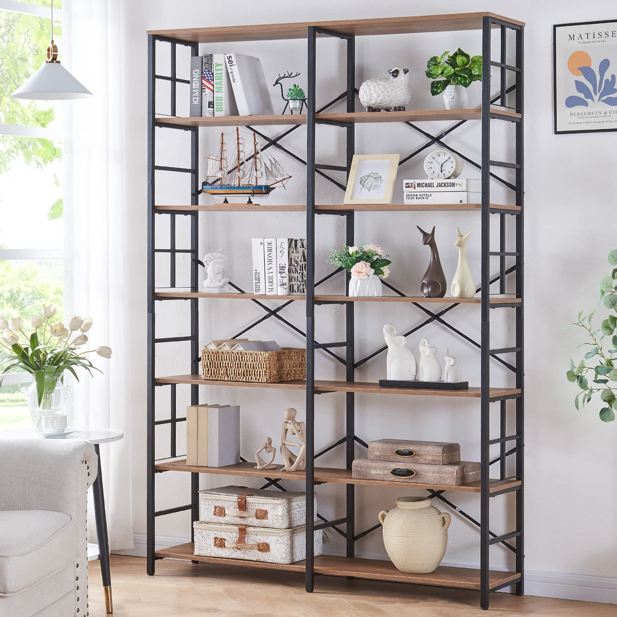 HOMISSUE 84" Industrial Double Wide 7-Tier Bookshelf in Rustic Brown HOMISSUE
