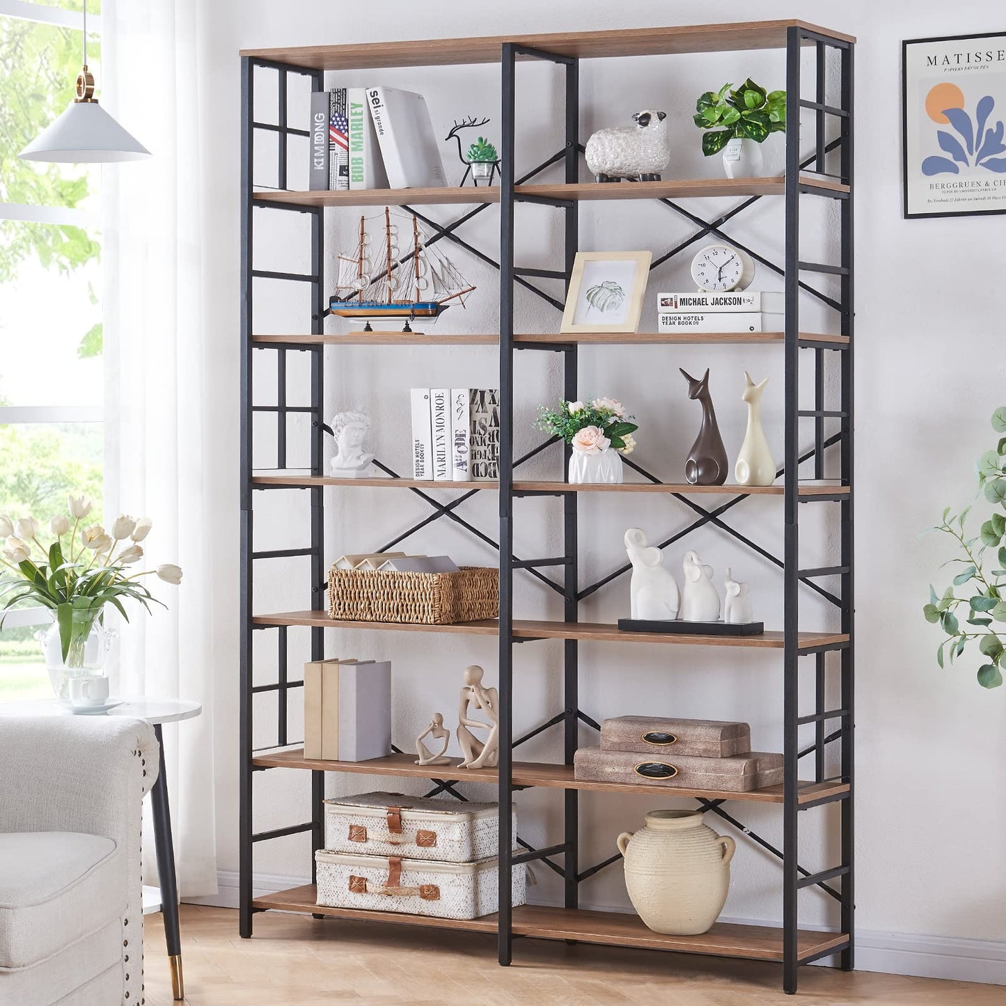 HOMISSUE 84" Industrial Double Wide 7-Tier Bookshelf in Rustic Brown - WoodArtSupply