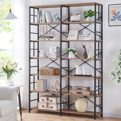 HOMISSUE 84" Industrial Double Wide 7-Tier Bookshelf in Rustic Brown