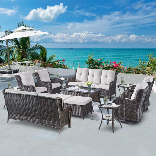 Belord Wicker Patio Furniture Sets - 13 Piece Outdoor Rattan Furniture Conversation Sets with 4 Swivel Rocker Chairs, 2 Rattan Sofas, Wicker Ottomans and Coffee Table, Brown/Beige