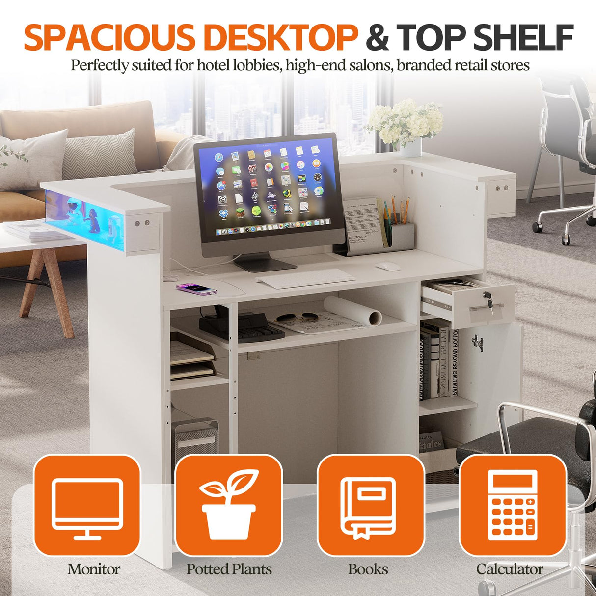 PAKASEPT Reception Desk with LED Lights, 55-Inch Front Counter Table with Lockable Drawer & Glass Display Shelf, Reception Room Table with Cable Grommet for Checkout, Lobby, Beauty Salon PAKASEPT