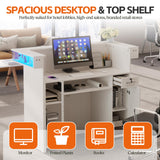 PAKASEPT Reception Desk with LED Lights, 55-Inch Front Counter Table with Lockable Drawer & Glass Display Shelf, Reception Room Table with Cable Grommet for Checkout, Lobby, Beauty Salon PAKASEPT