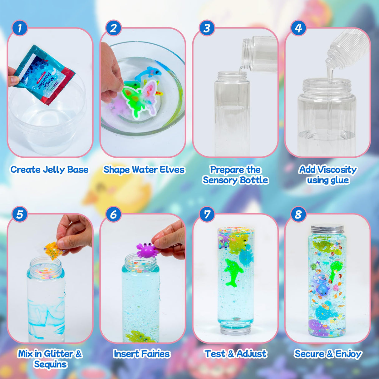 Make 3 Sensory Bottle, Glow-in-The-Dark Magic Gel Water Fairy Toy, DIY 100+ Aqua Water Squishy kit with 18 Shape Molds, 100ml Gels, 5L Bucket, Shell, Glitter, Pom-Poms, Arts Crafts for Kids Craft Spot!