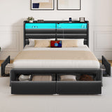 Seventable Queen Size Bed Frame with 4 Storage Drawers & Charging Station, Upholstered Platform Bed with Storage Headboard and LED Light, No Box Spring Needed, Noise Free, Easy Assembly, Black Seventable
