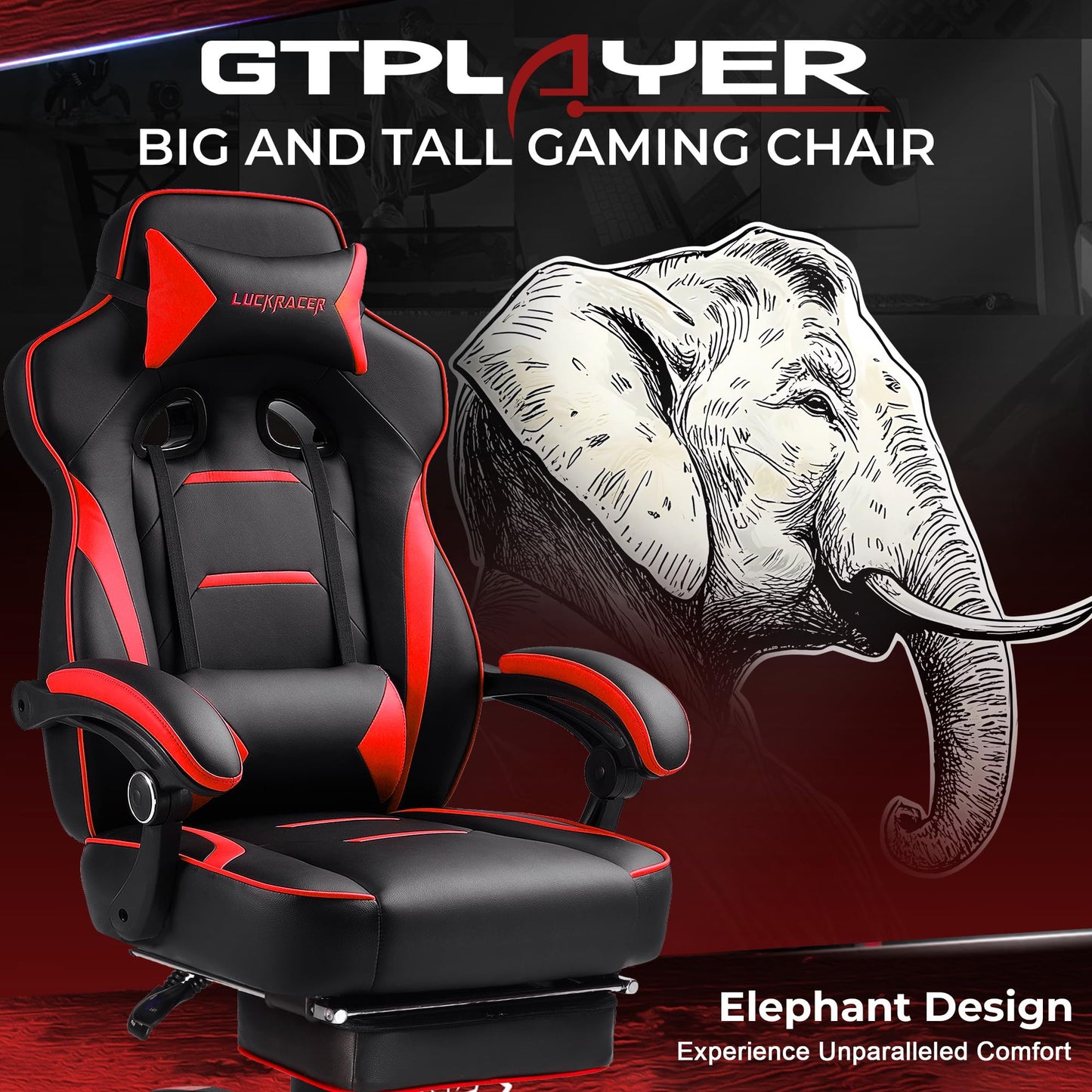 GTPLAYER Gaming Chair with Footrest, Big and Tall Game Chair 350lb Racing Style Computer Chair, Ergonomic Executive Office Chair High Back with Lumbar Support and Recliner, Red