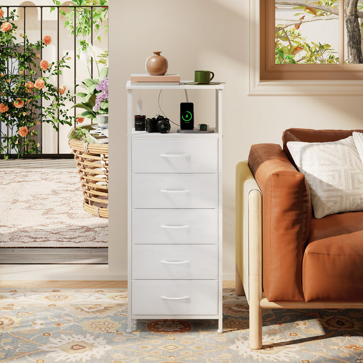 Somdot White Nightstand with Charging Station and LED Light for Bedroom, Tall 5 Drawers Dresser with Fabric Bins for Bedside Kids Dorm Room Closet Laundry Entryway, White Leather Somdot