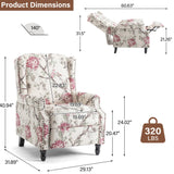 Pushback Recliner Chair Set of 2, Floral Fabric Wingback Recliner Chair, Upholstered Armchair Push Back Recliner, Rivet Trim Single Sofa Accent Chair with Wood Legs for Living Room, Plants Floral Lumibee