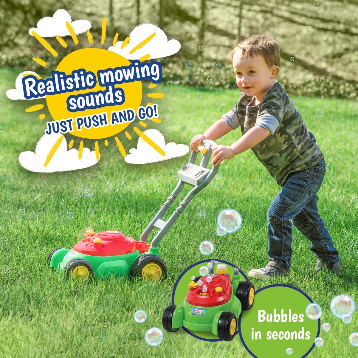 Maxx Bubbles Deluxe Bubble Lawn Mower Toy – Includes 4oz Bubble Solution | Outdoor Bubble Machine for Kids | Easy to Use, No Batteries Required | Amazon Exclusive, Red – Sunny Days Entertainmen Sunny Days Entertainment