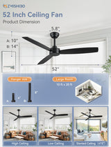 ZMISHIBO 2 Pack 52 Inch Outdoor Ceiling Fans with Remote, Black Ceiling Fan No light with Quiet Reversible DC Motor, 6 Speeds, 3 Blade Modern Ceiling Fans for Patio Living Room Bedroom Indoor ZMISHIBO