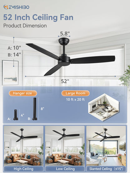 ZMISHIBO 2 Pack 52 Inch Outdoor Ceiling Fans with Remote, Black Ceiling Fan No light with Quiet Reversible DC Motor, 6 Speeds, 3 Blade Modern Ceiling Fans for Patio Living Room Bedroom Indoor