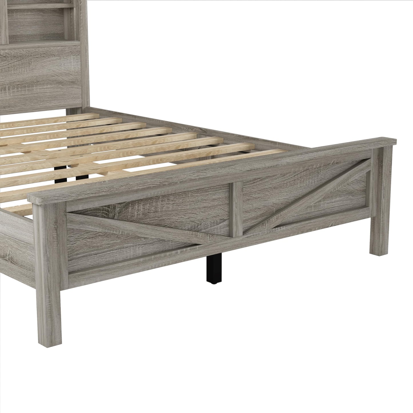 Farmhouse Full Size Bed Frame with Charging Station, Adjustable Headboard Shelves, and Sliding Barn Doors in Antique Gray - WoodArtSupply