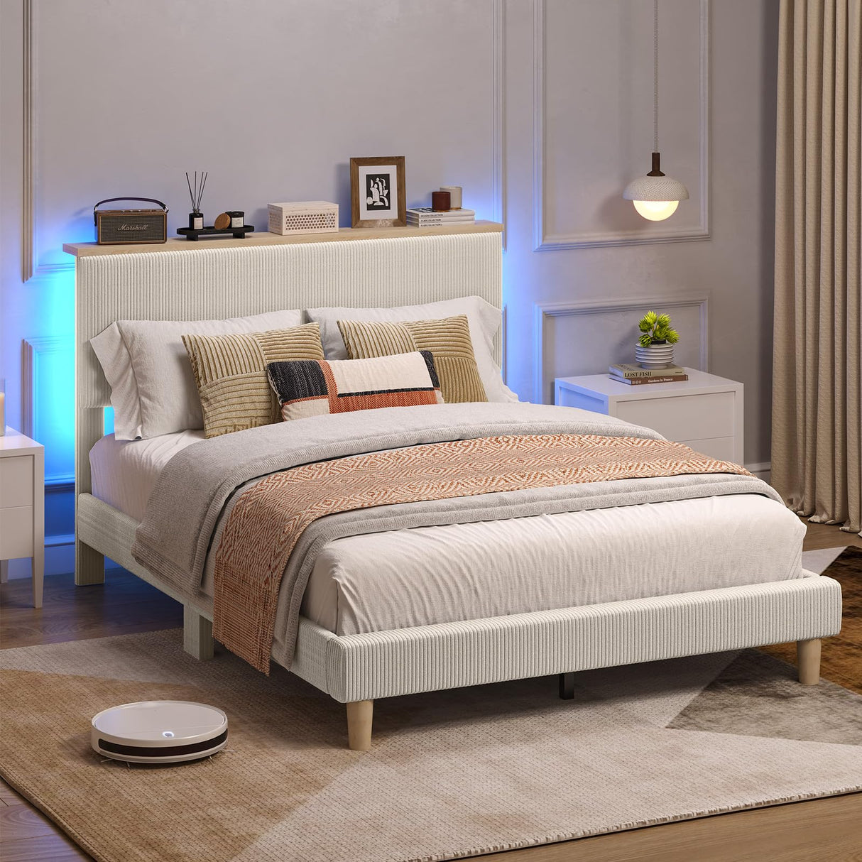 Bestier Full Bed Frame with Adjustable Headboard & LED Lighting, Corduroy Upholstered Platform Bed Frame with Storage Shelf, Solid Wood Slats, No Box Spring Needed, Never Squeak, Easy Assembly, Beige Bestier