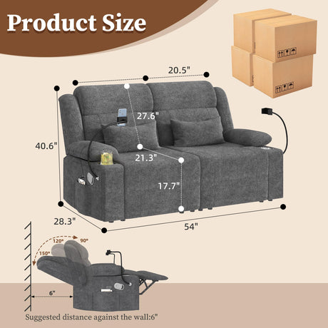 CHABATREE Home Theater Seating，RV Reclining Sofa Set with Adjustable Headrest， Recliner Sofa with Heat and USB&Type-C, Dawer & Cup Holders, 150° Recline for RV & Living Room(Loveseat Grey) CHABATREE