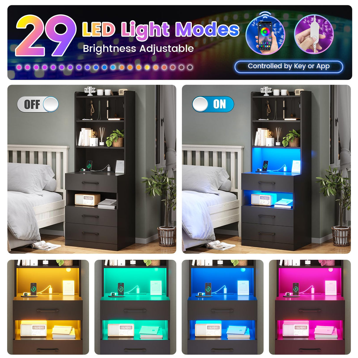 AOGLLATI Tall Night Stand Set of 2 with Charging Station and LED Lights, Black Nightstand with 3 Drawers and Adjustable Shelves, Modern Bedside Table with Bookshelf for Bedroom AOGLLATI