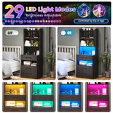 AOGLLATI Tall Night Stand Set of 2 with Charging Station and LED Lights, Black Nightstand with 3 Drawers and Adjustable Shelves, Modern Bedside Table with Bookshelf for Bedroom AOGLLATI