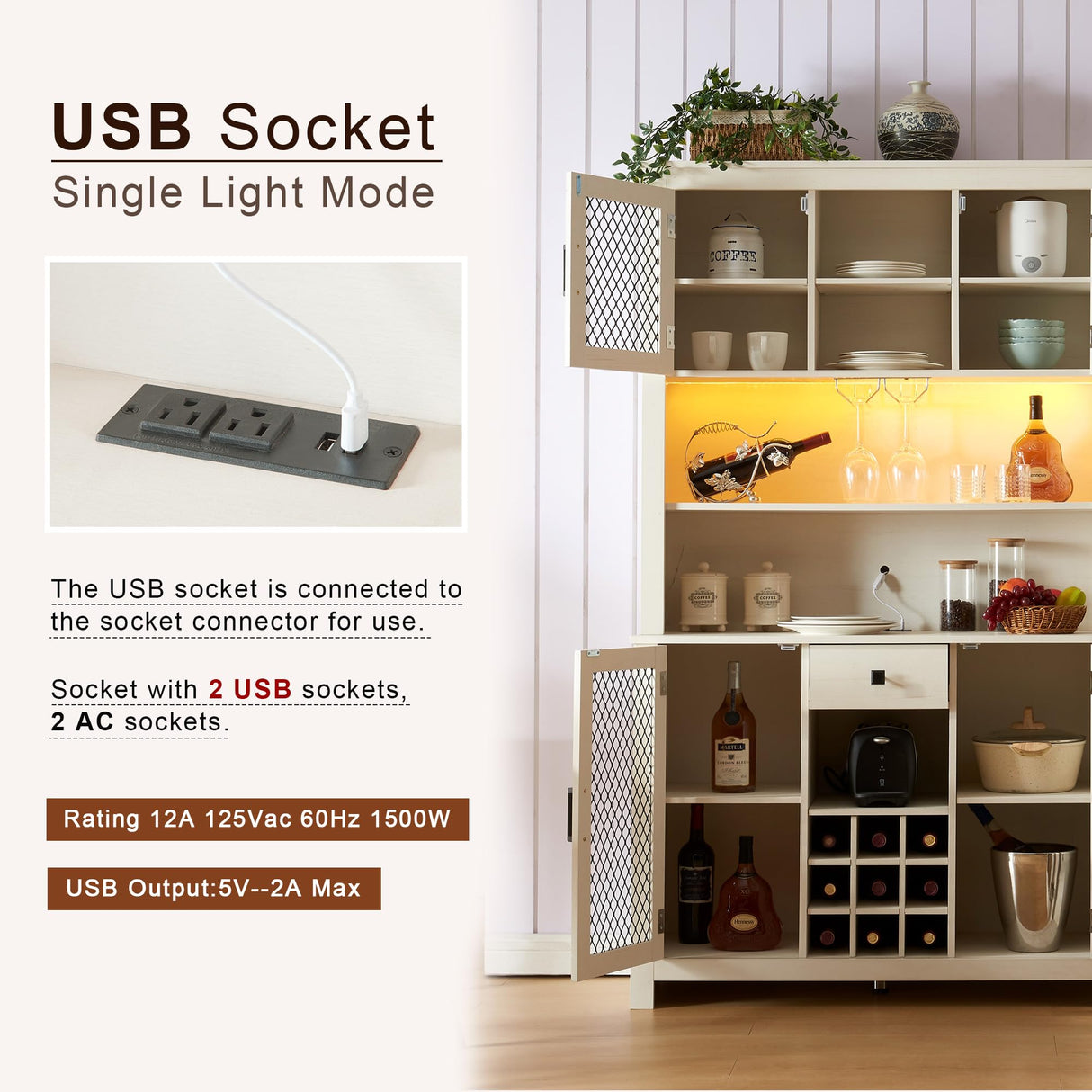 70" Kitchen Pantry Storage Cabinet Rustic Buffet Cabinet, Kitchen Hutch Cabinet with LED Outlets,Food Pantry Cabinet with Doors and Shelves,For Dining Room Living Room (Antique White@Shelves) Brabrety