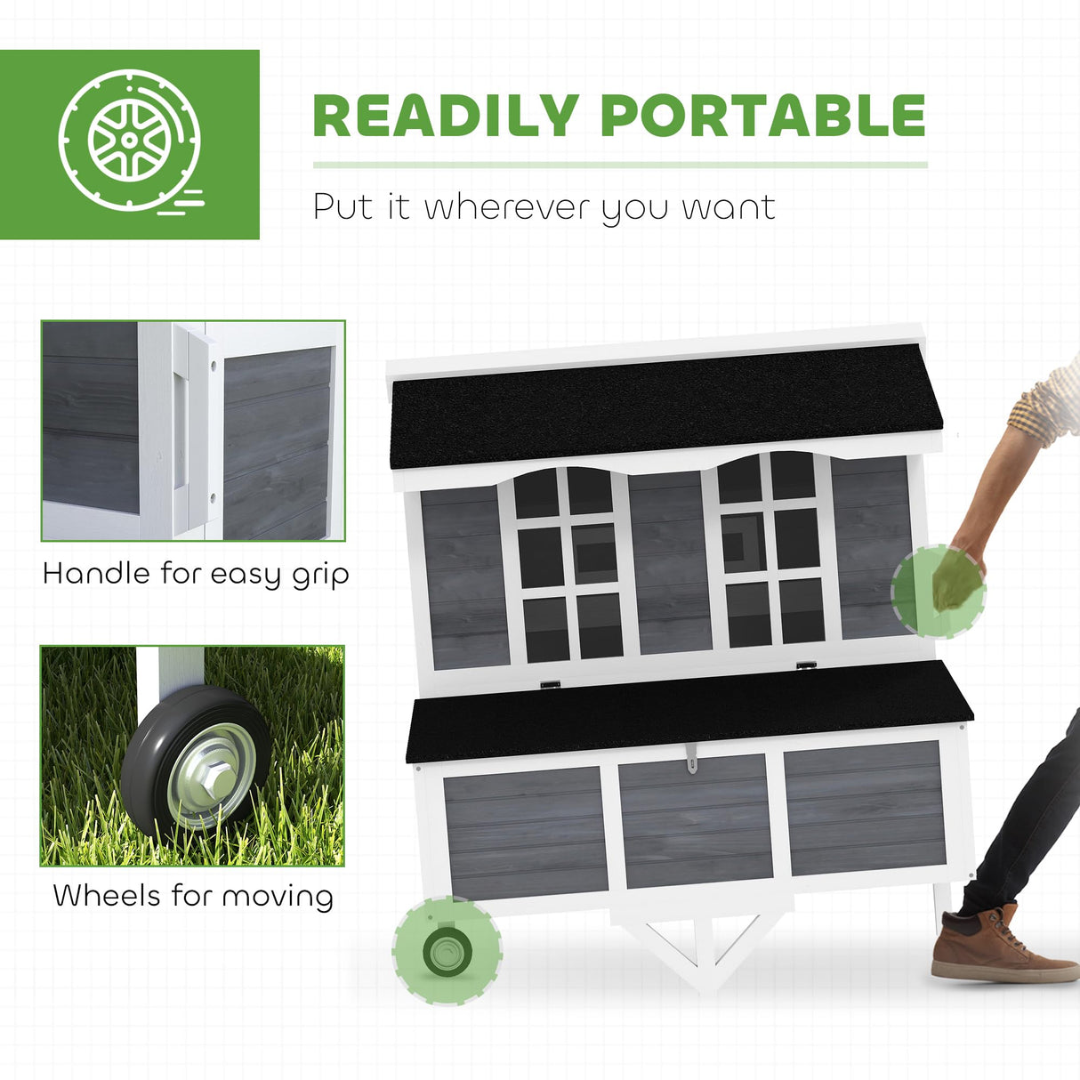 PawHut 43" Chicken Coop with Wheels, Mobile Chicken House with Nesting Box, Windows, Pull-Out Tray, Perches, Wooden Chicken Tractor for 2-4 Hens, Rabbits, for Backyard, Patio, Gray PawHut