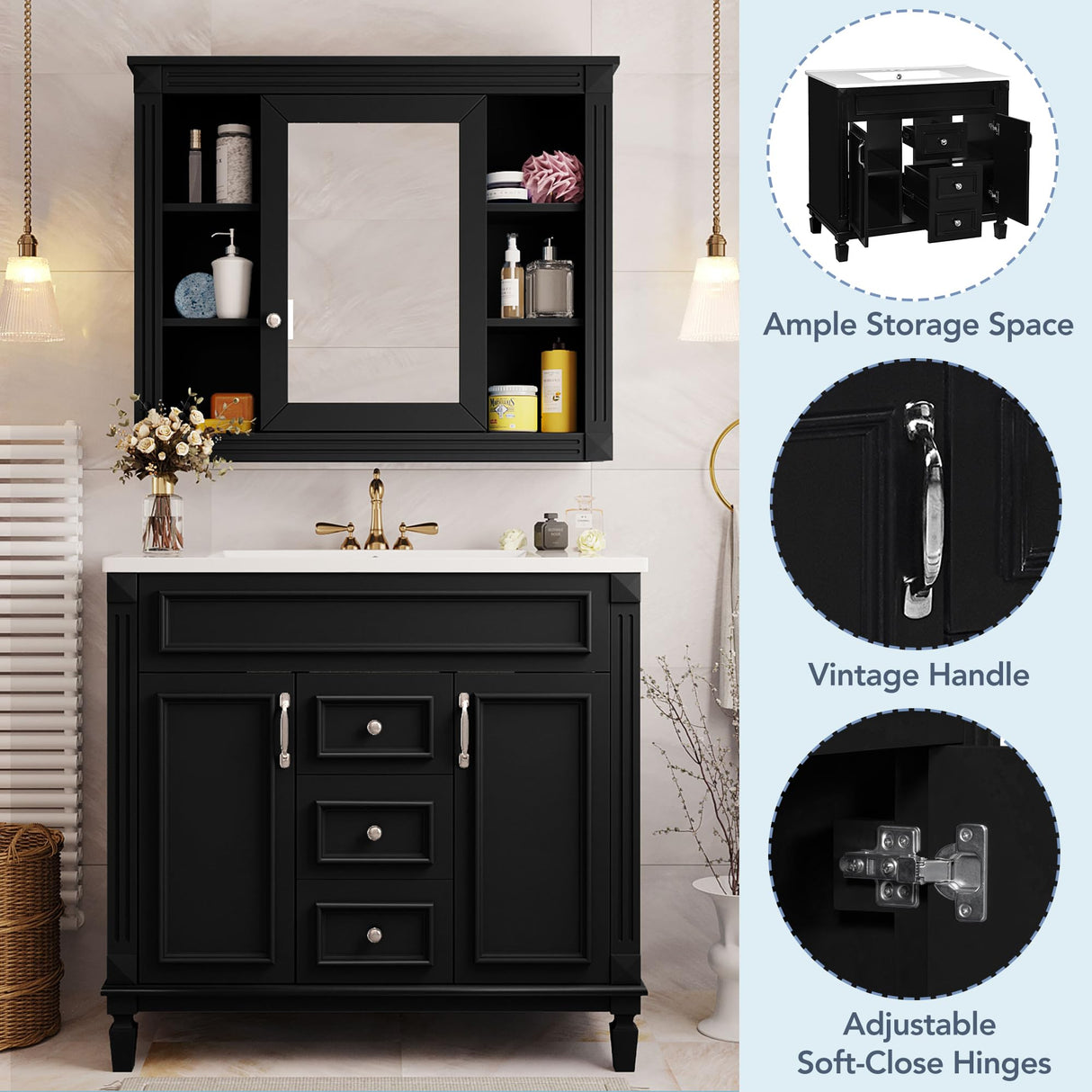 Marzzi 36" Bathroom Vanity with Sink & Matching Medicine Cabinet, 36 inch Bathroom Vanity Storage Cabinet with Sink Top, 2 Drawers, and Mirror Cabinet Marzzi