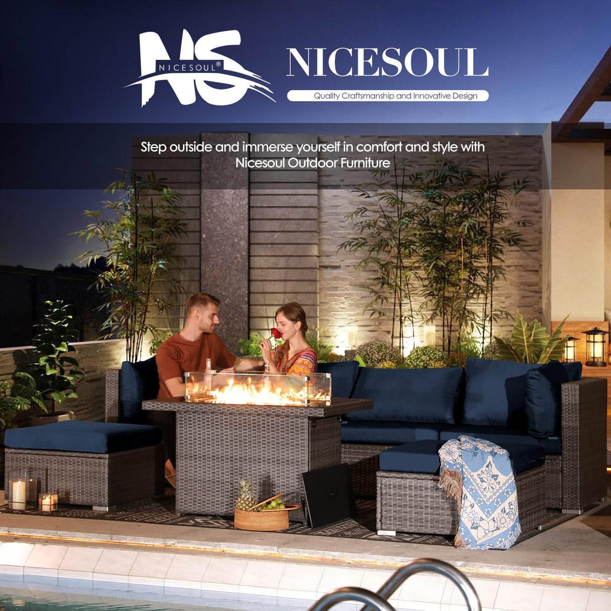 NICESOUL® 13 Pcs Luxury Large Patio Furniture Set with Natural Gas/Propane Fire Pit Table, 29.3" High Back Outdoor Conversation Set, Deep Seating PE Wicker Sectional Sofa Navy NICESOUL