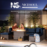 NICESOUL® 13 Pcs Luxury Large Patio Furniture Set with Natural Gas/Propane Fire Pit Table, 29.3" High Back Outdoor Conversation Set, Deep Seating PE Wicker Sectional Sofa Navy NICESOUL