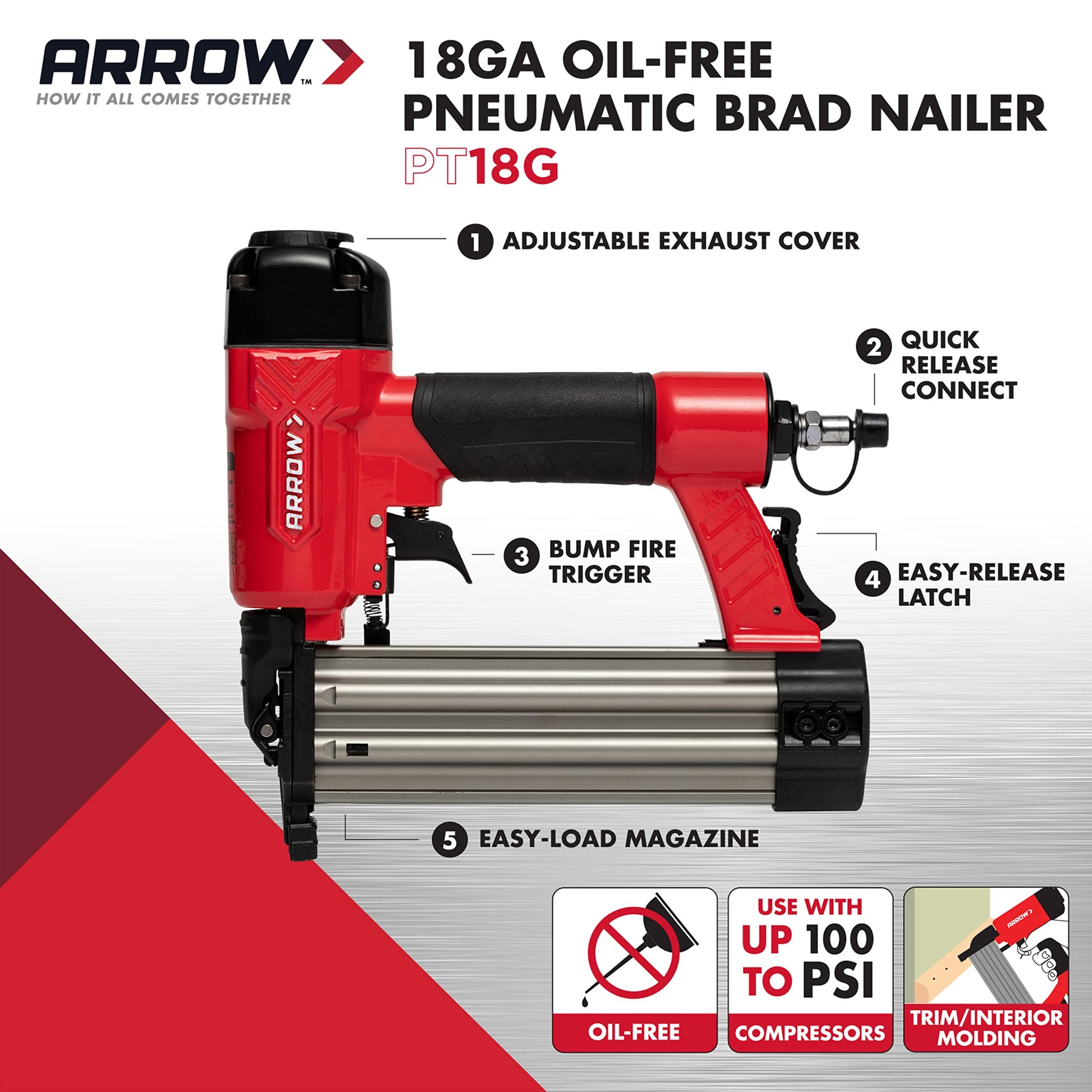 Arrow PT18G Gauge Oil-Free Pneumatic Brad Nailer - Small Light Trim and Interior Molding Work, Operates Up to 100psi Compression Unit, Fits 5/8", 3/4", 1", 1.5", 2" Brad Nails - WoodArtSupply