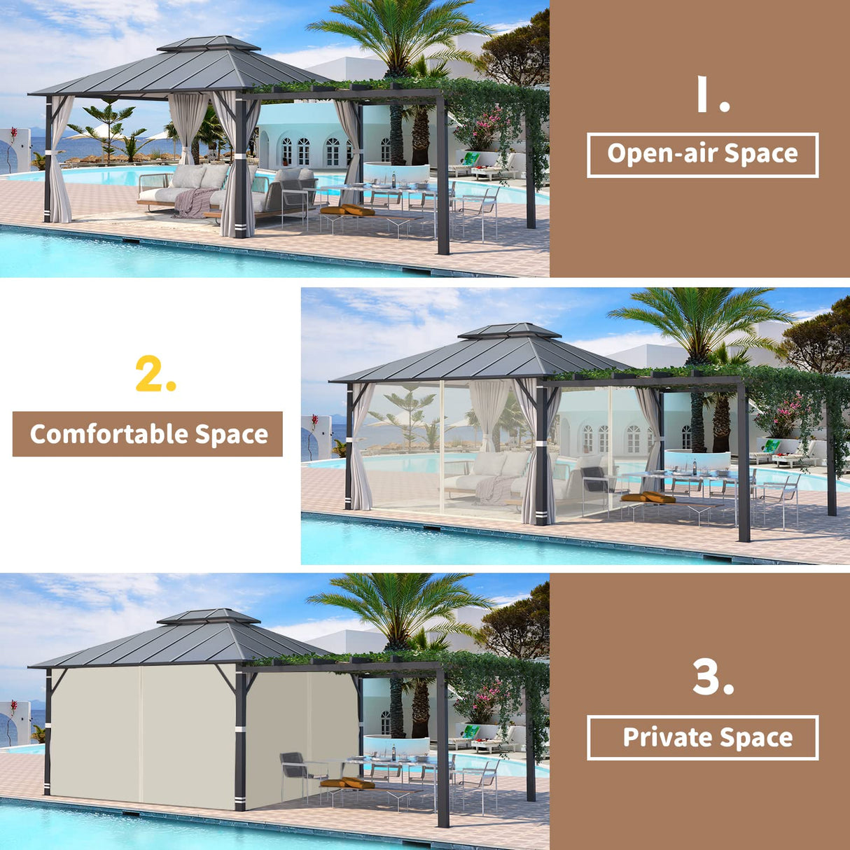 EROMMY 12'x14' Permanent Hardtop Gazebo with 12'x10' Outdoor Pergola, Metal Steel Canopy with Aluminum Composite Roof for Patio Lawn and Garden, Curtains and Netting are Included, Grey EROMMY