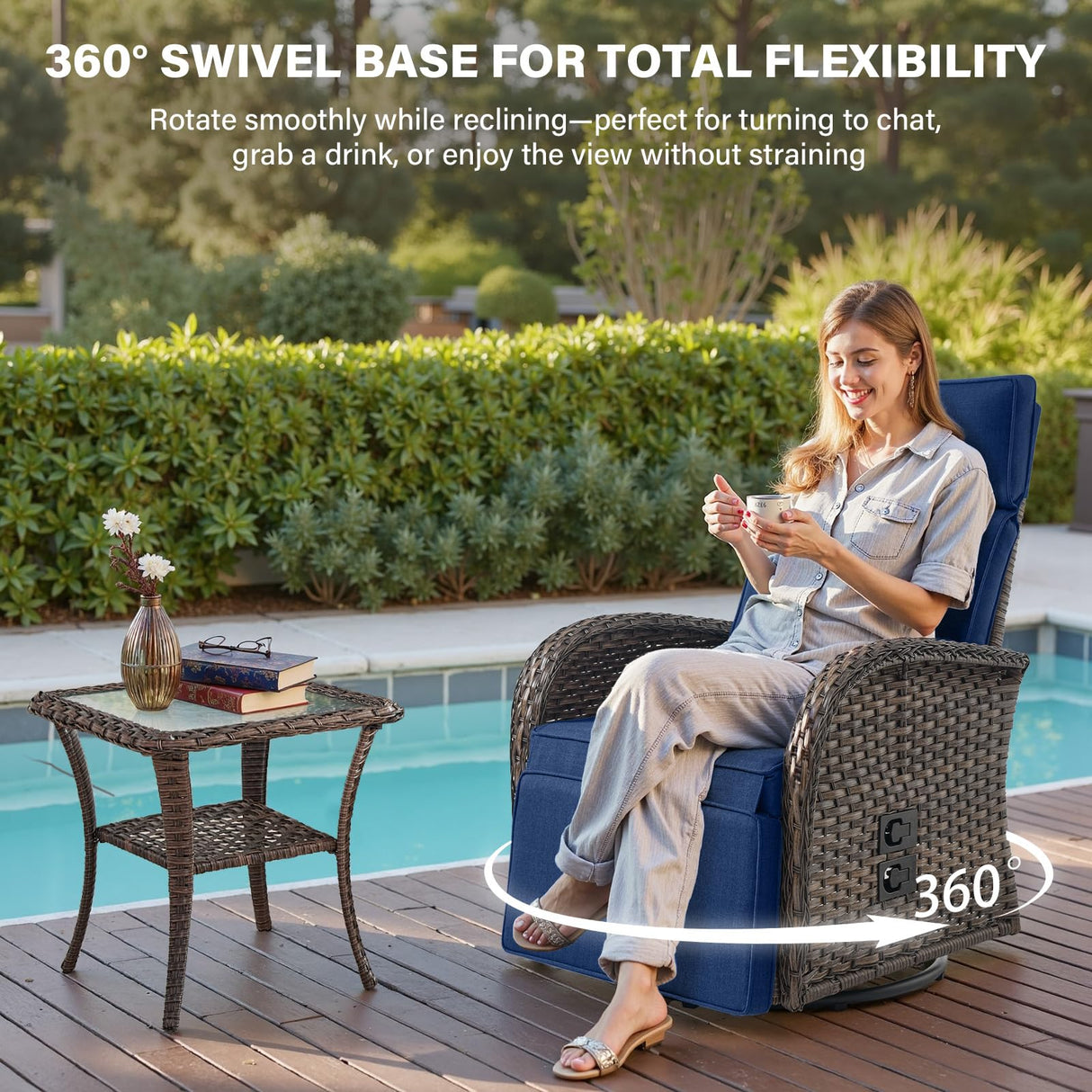 Swivel Outdoor Recliner Chair Set of 2 - Reclining Patio Chair with Adjustable Backrest and Footrest, All-Weather Wicker Chaise Lounge Chair Outdoor for Pool Deck Brown (Upgraded 2.0) Belord